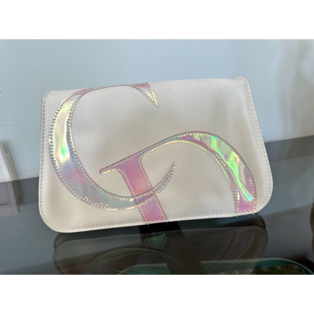 Vintage Y2k Christian Dior Parfums CD Monogram Ivory Satin Makeup Bag Clutch